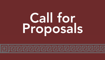 Maroon background, patterned stripe and text that says 'Call for Proposals'