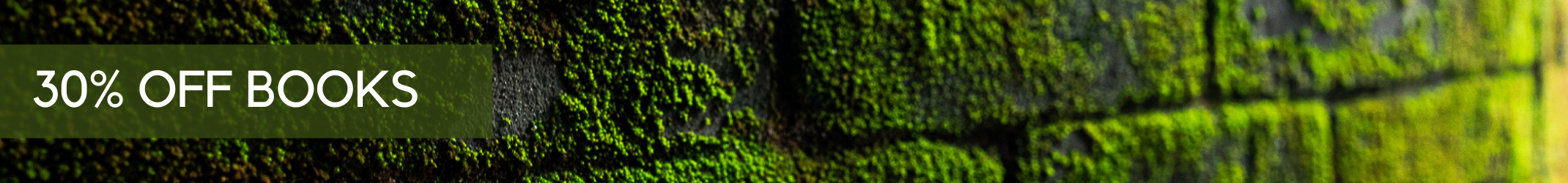 Green moss on a brick wall with the text: 30% off books