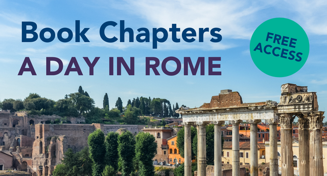 A backdrop of Rome with text introducing free book chapters on 'A Day In Rome'