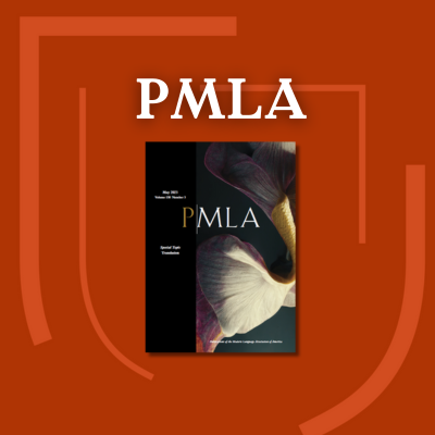 Orange background with a pattern made up of the Cambridge shield, with text that says PMLA and a blue button with text that says Discover more, alongside the latest cover of PMLA.