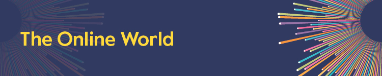 The Online World text with a dark blue background and an illustrated multicoloured sunburst.