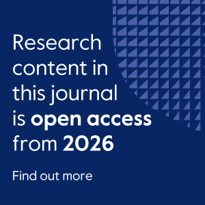 Blue background with text "Research content in this journal is open access from 2026". Link to FAQs.
