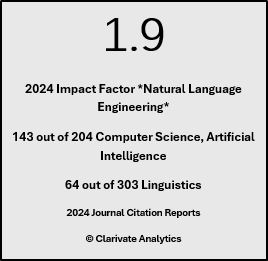 This image describes the Impact Factor for the Journal, Natural Language Engineering for 2024.  The Impact Factor is 1.9.