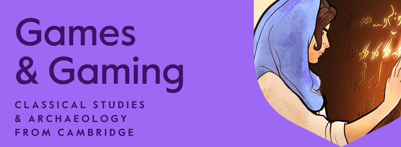 Purple banner with text overlaid that says Games and Gaming, Classical Studies and Archaeology from Cambridge, against an image from the video game Heaven's Vault of a woman touching illuminated lettering and inside a cut-out of the Cambridge shield.