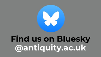 Grey background with Bluesky logo and text that says Find us on Bluesky - @antiquity.ac.uk