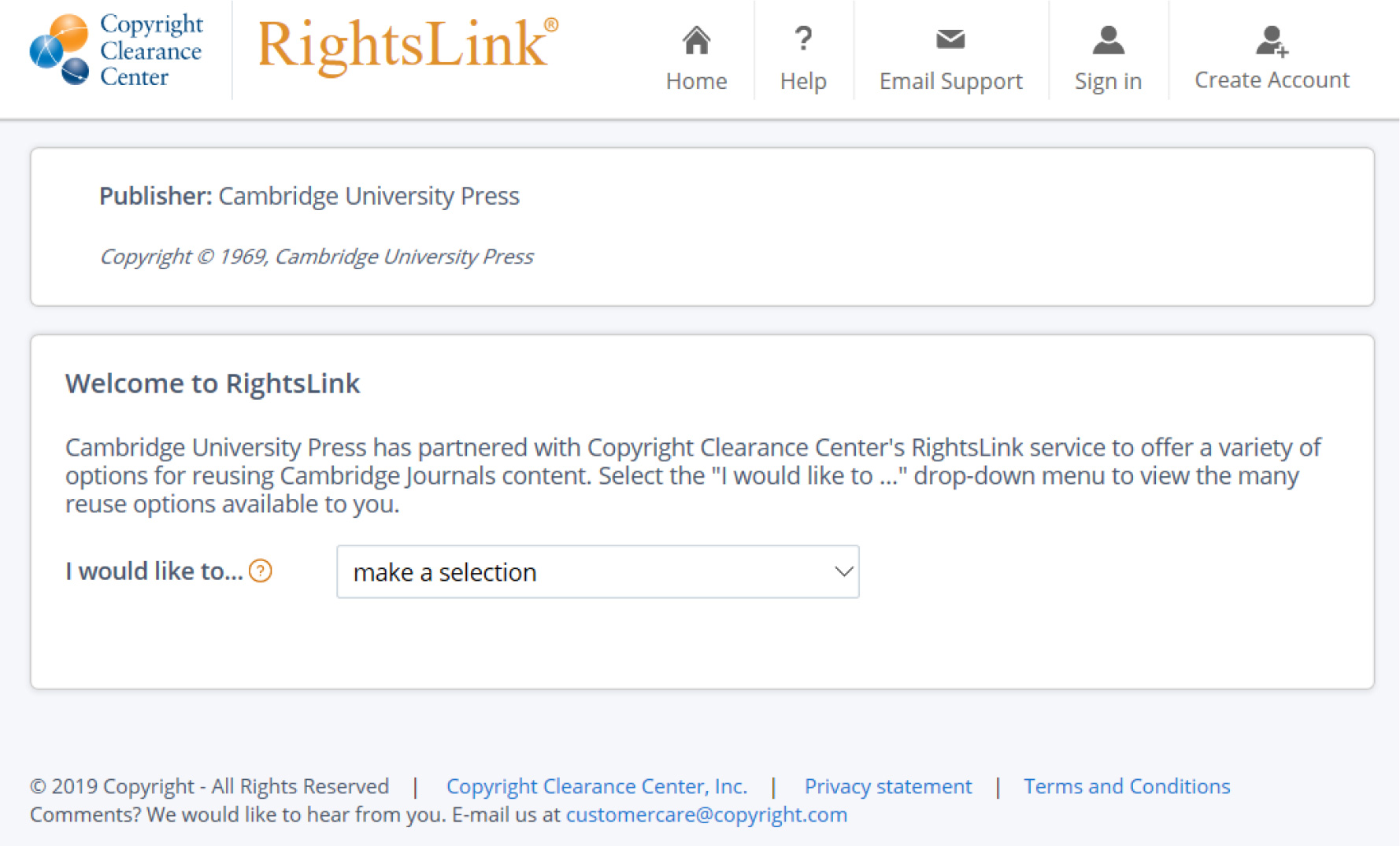 screenshot showing RightsLink web service