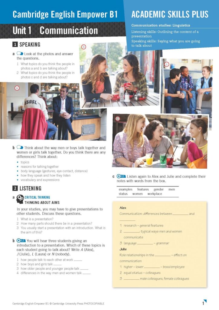 Cambridge English Empower Academic Skills Plus worksheet B1 U01
