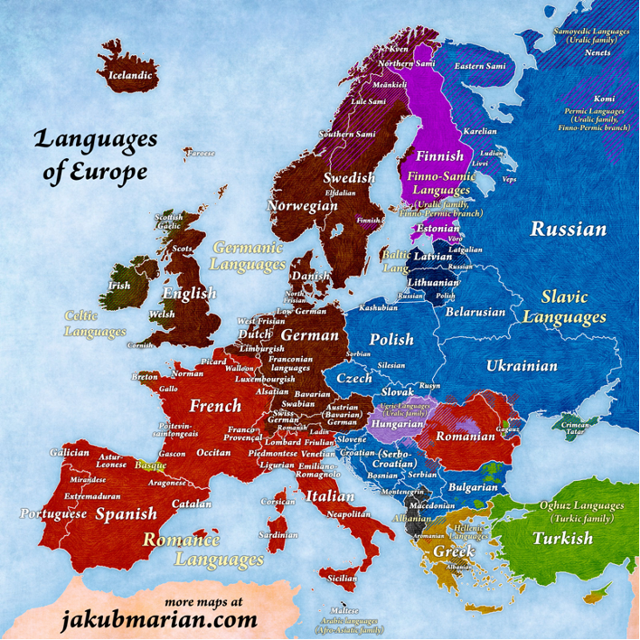 Un mapa de Europa que muestra las diferentes familias lingüísticas.