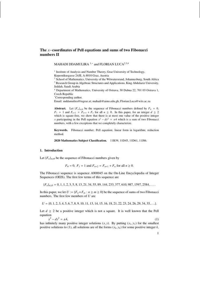 The X Coordinates Of Pell Equations And Sums Of Two Fibonacci Numbers Ii Mathematics Cambridge Open Engage