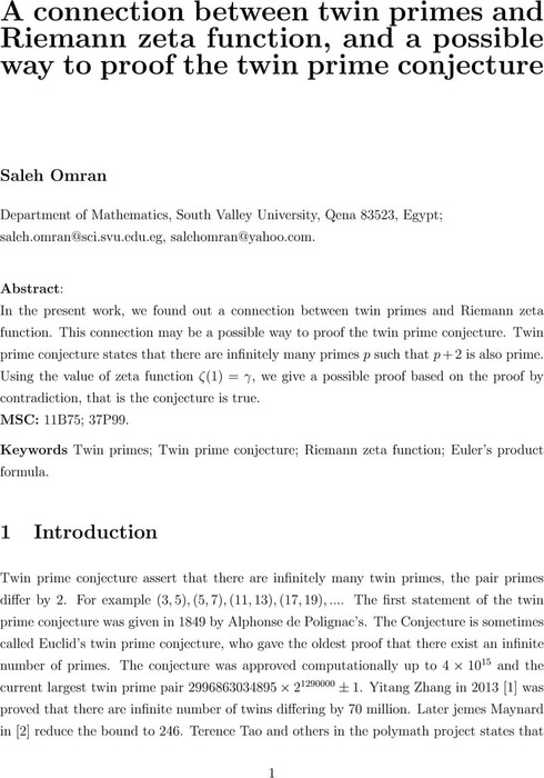 A connection between twin primes and Riemann zeta function, and a ...