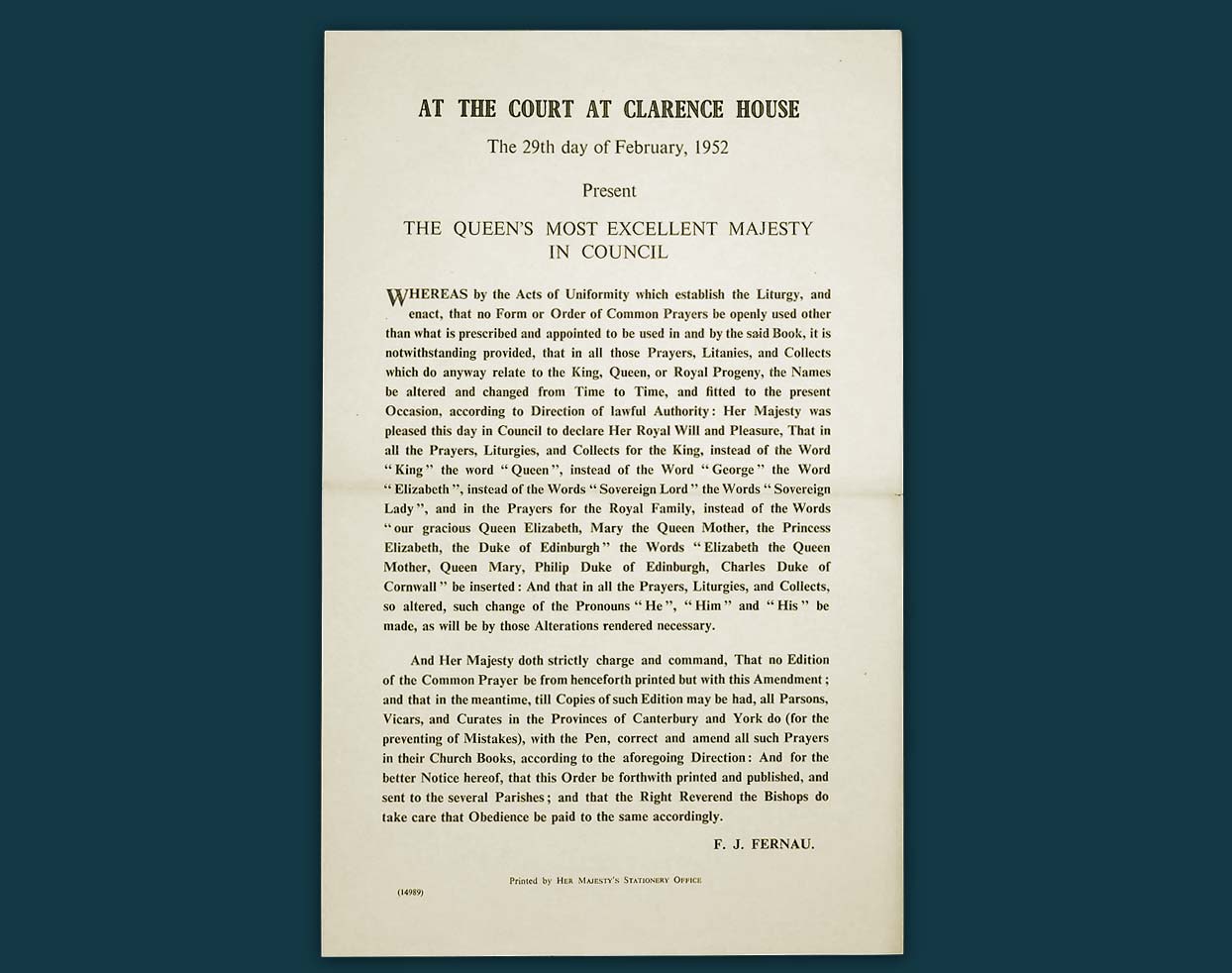 Instructions from Clarence House to change the liturgy in the 1662 Book of Common Prayer