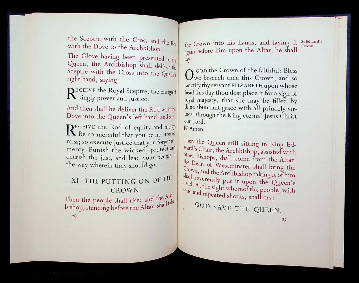 The Queen's Coronation order of service open at the moment when the Archbishop of Canterbury placed the St. Edward's Crown on The Queen’s head