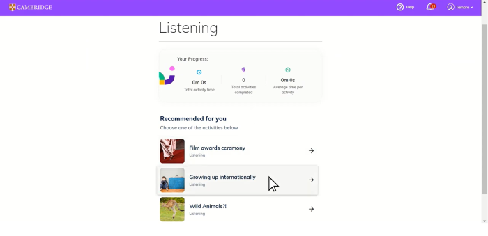 Cambridge One app with reading and listening practice.