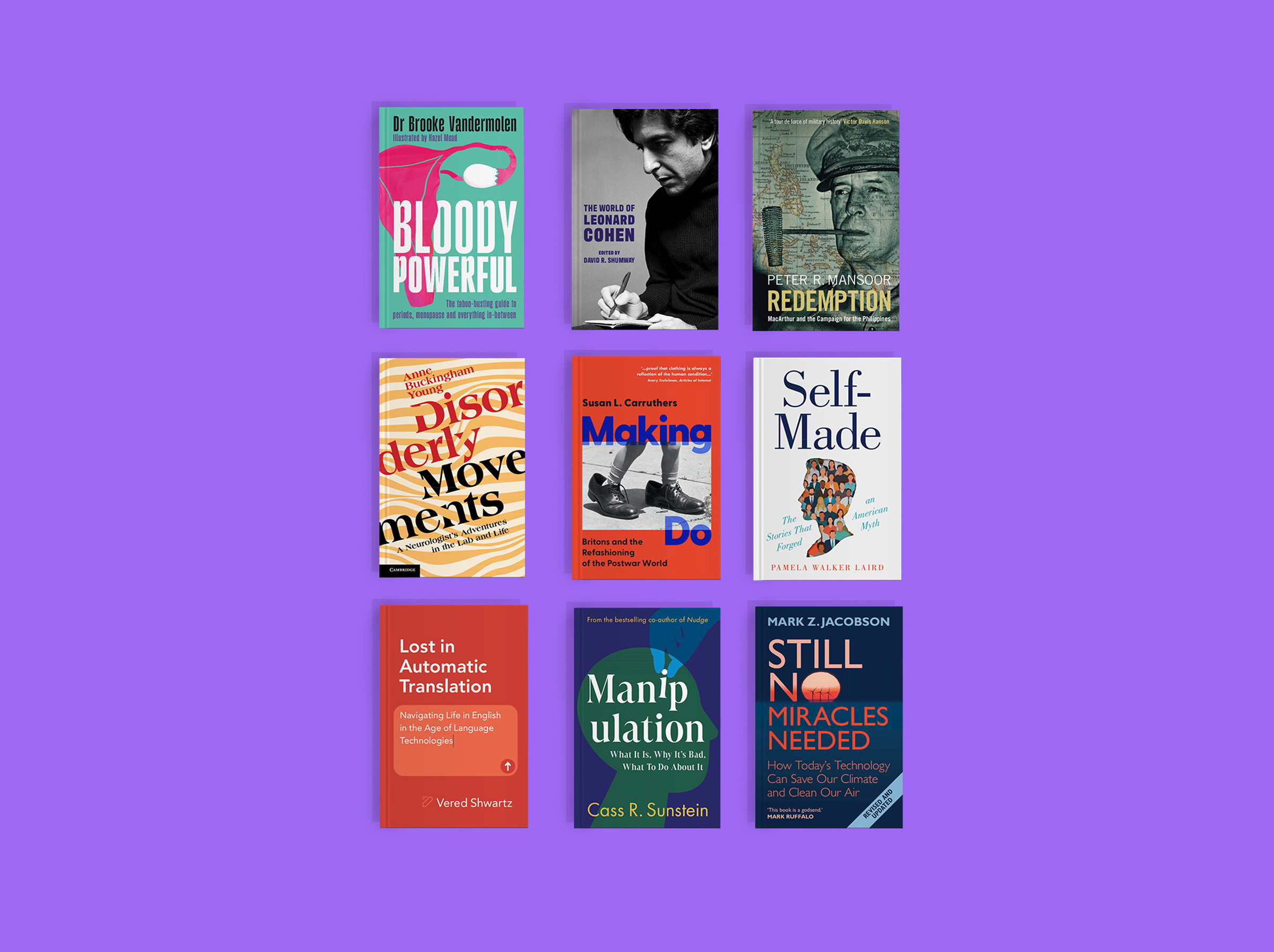 Ten books arranged in a grid on a purple background