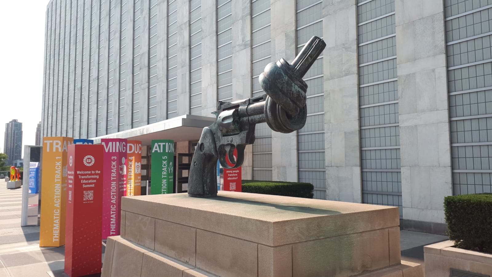 Outside the UN building in New York at the Transforming Education Summit