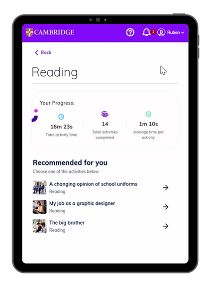 Cambridge School app with personalized reading and listening features