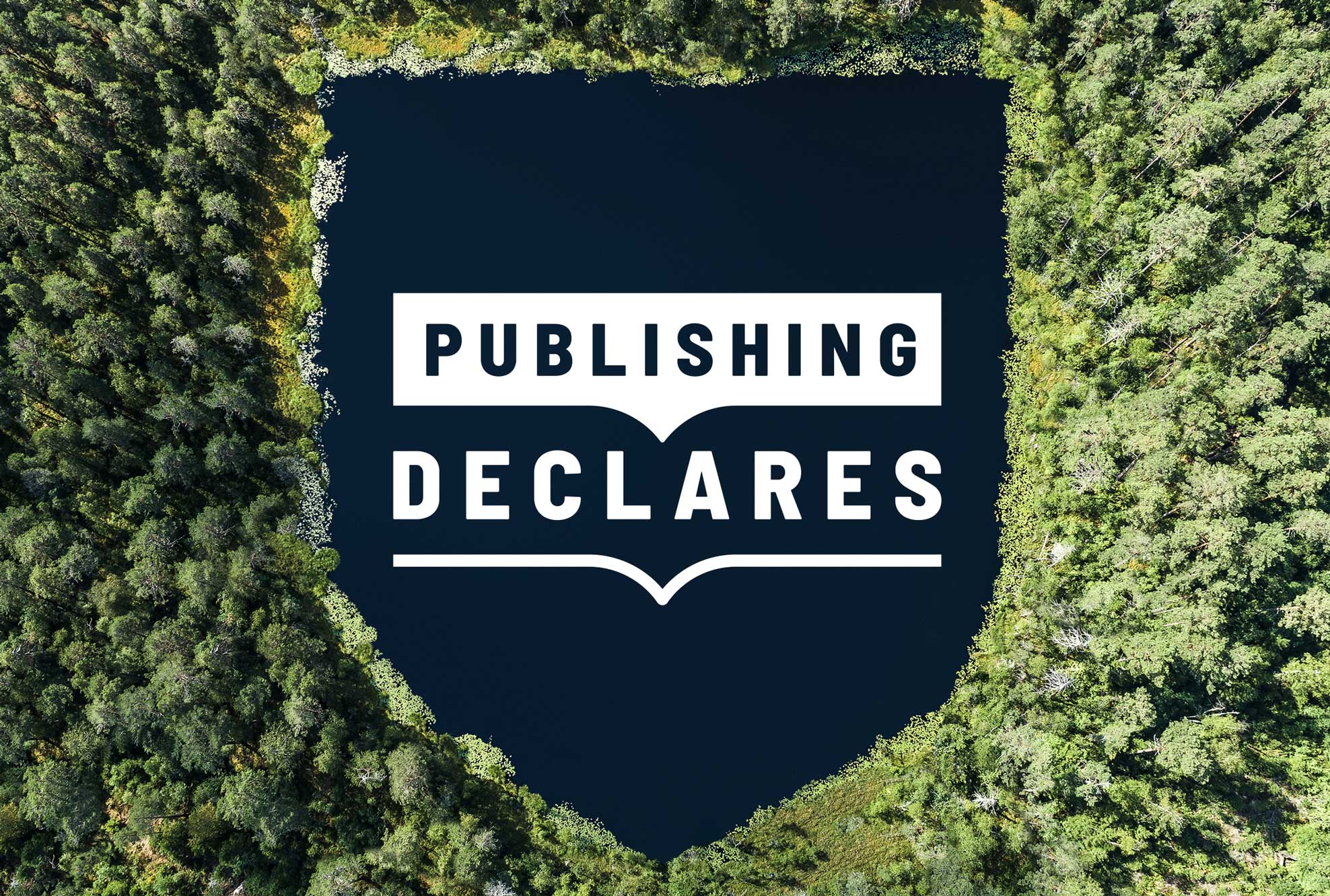 Publishing declares logo on top of an aerial image of a shield shaped lake in a forest.