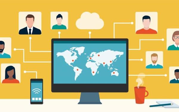 Illustration of a computer connecting users from across the globe