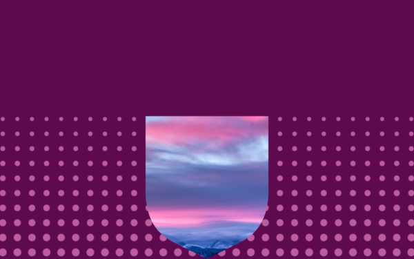 shield shape with sunrise image inside, on a purple background with pink dot pattern