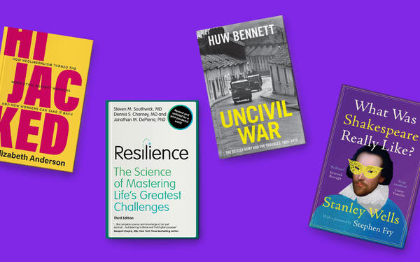Four new Cambridge University Press book covers on a purple background