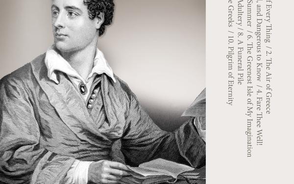 A black and white painting of Byron writing at his desk