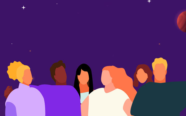 illustration of a group of people holding each other with a purple background with stars