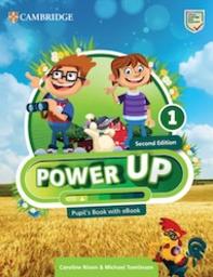 Cover of "Power Up 1" Second Edition by Cambridge, featuring two animated children in a sunny field with animals, holding binoculars and a map. Includes the title, "Pupil's Book with eBook", and authors Caroline Nixon & Michael Tomlinson