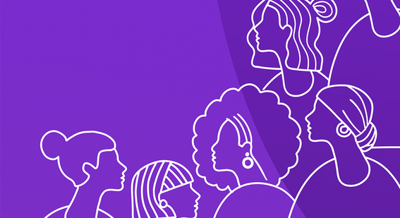 International Women's Day doodle featuring a range of silhouettes of different women on top of classic Cambridge purple brand texture  