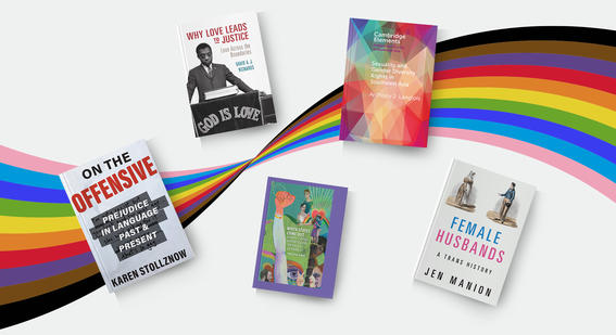 Five Cambridge University Press book covers on Pride flag background