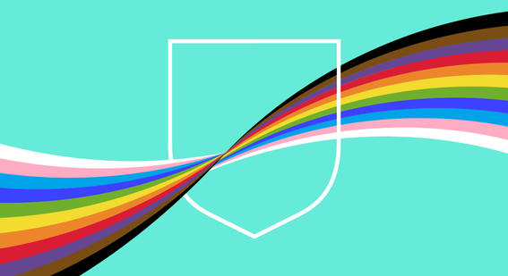 Progress Pride flag colours and Cambridge shield on blue background