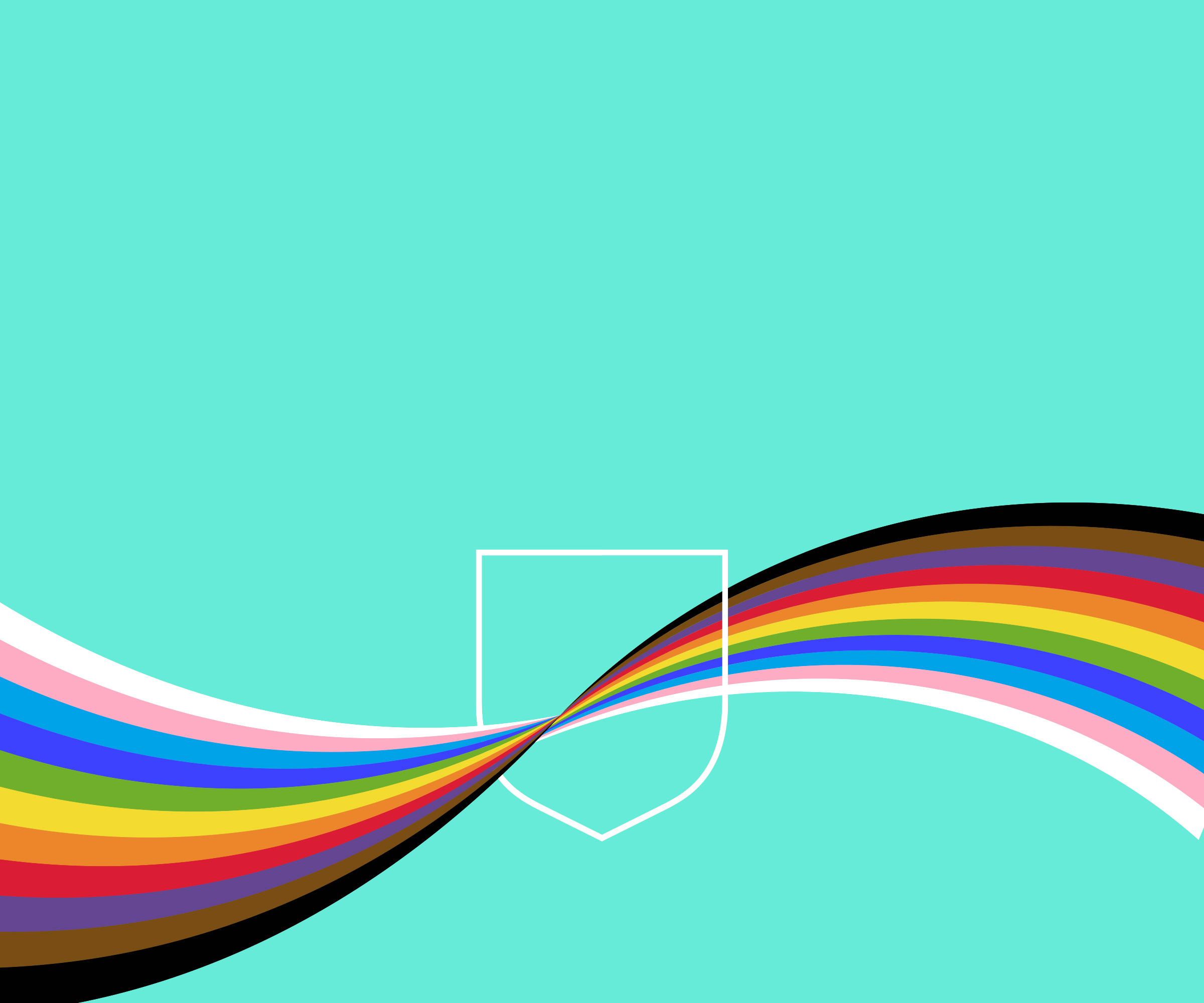 Progress Pride Flag colours on blue background with white Cambridge shield