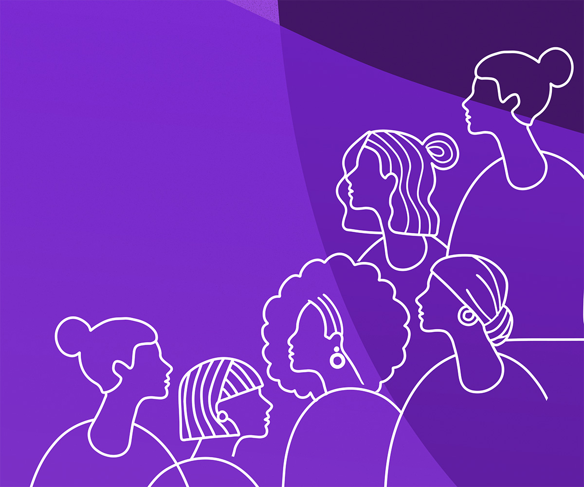 outline of women on Cambridge purple background
