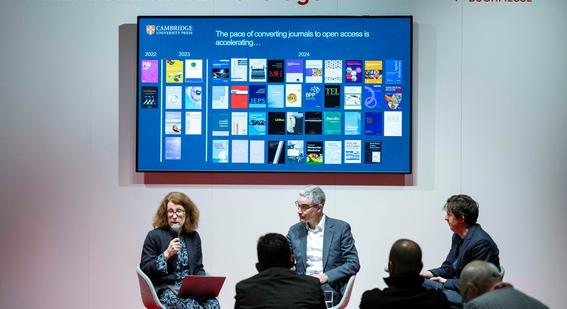 three cambridge colleagues on stage during panel at Frankfurt Book Fair 2023